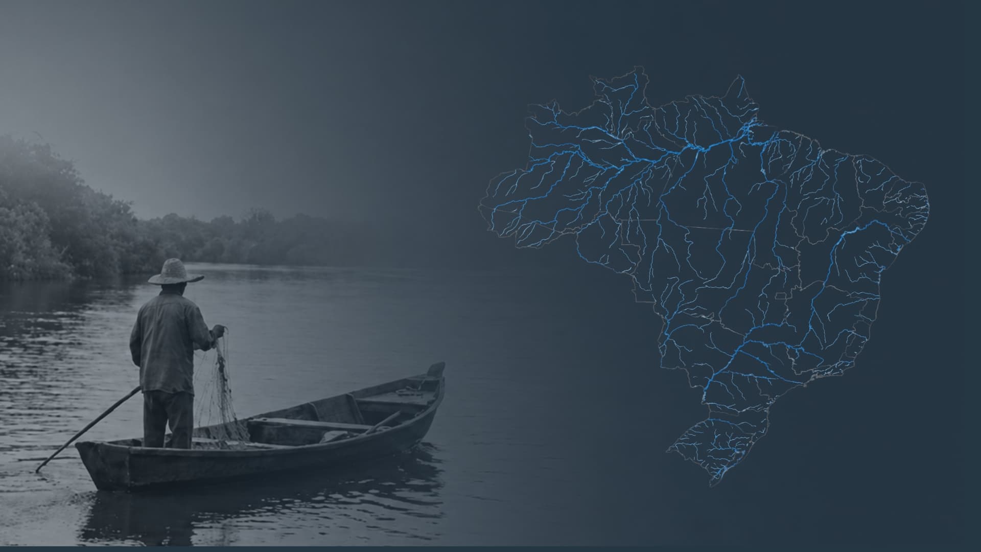 Mapa hidrográfico estilizado do Estado de São Paulo, com a rede de rios em traços de luz sobre fundo escuro